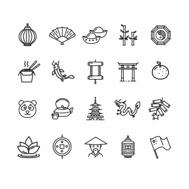 Çin siyah ince çizgi Icon Set sembolü. Vektör
