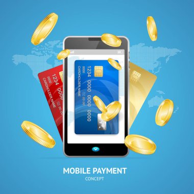 Gerçekçi cep telefonu ödeme konseptiyle kredi plastik kart ve altın sikke. Vektör