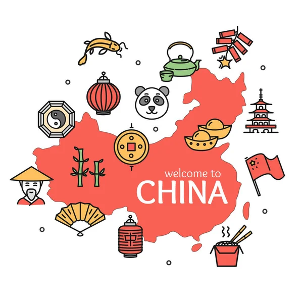Китай шаблон лінії значок Ласкаво просимо концепції дизайну і мапі. Вектор — стоковий вектор