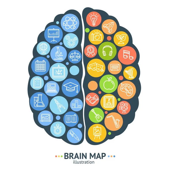 Human Brain Map Concept Left and Right Hemisphere (en inglés). Vector — Archivo Imágenes Vectoriales