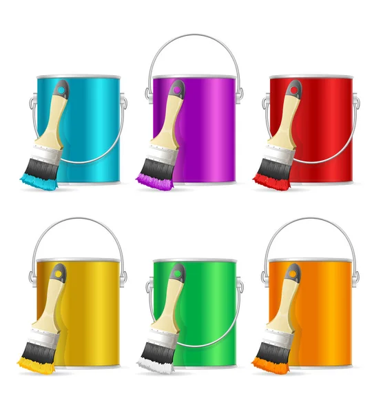 Realistic Color Steel Can Bucket and Paint Brush. Vector — Stock Vector