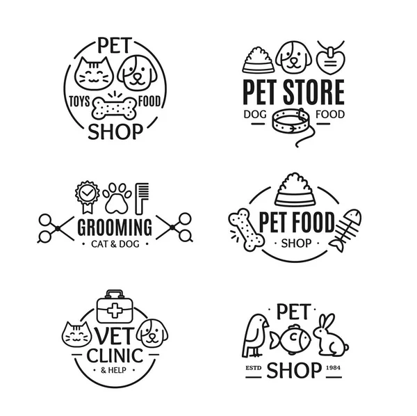 Tienda de Mascotas Placas o Etiquetas Set de Arte de Línea. Vector — Vector de stock