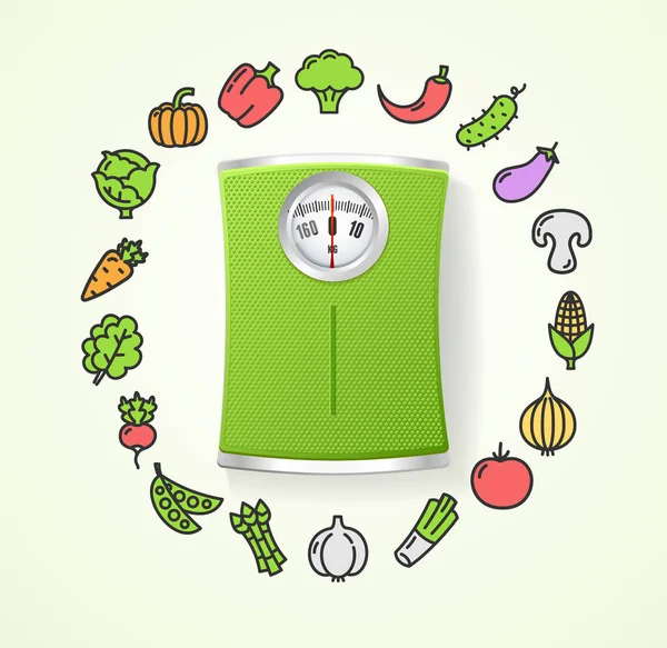 Vegetables Fresh Food and Floor Scales Health Life Concept (dalam bahasa Inggris). Vektor - Stok Vektor