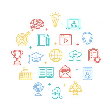 Eğitim Online renk tasarım şablonu satırı simgesi konsepti yuvarlak sembolü. Vektör