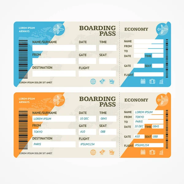 Boarding Pass Tickets vliegtuig Set. Vector — Stockvector