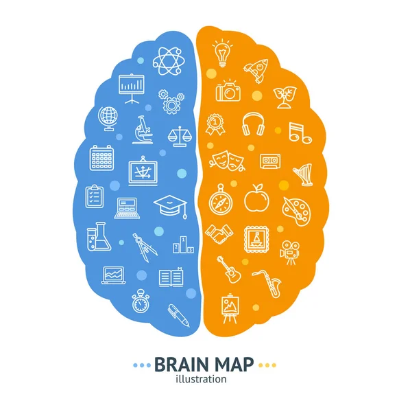 Human Brain Map Concept Left and Right Hemisphere (en inglés). Vector — Archivo Imágenes Vectoriales