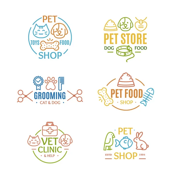 Pet Shop Badges or Labels Color Line Art Set. Vector — Stock Vector