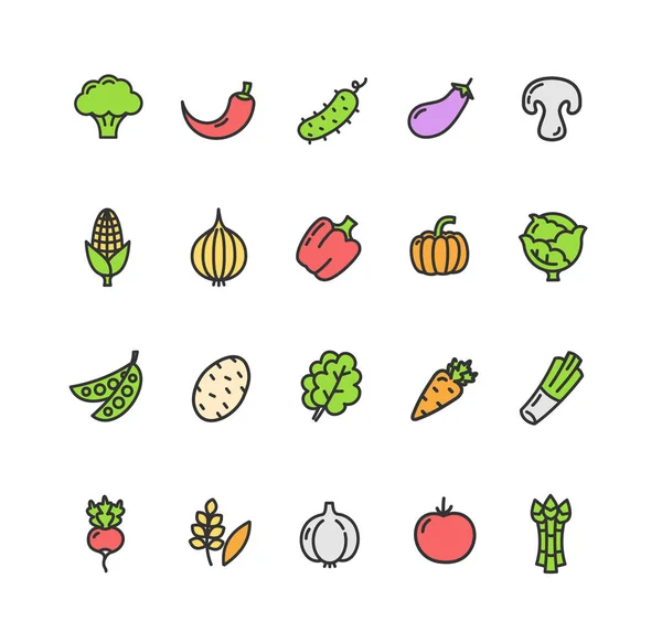 Овощи пищевой цвет тонкая линия икона набор. Вектор — стоковый вектор