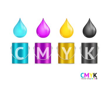 Gerçekçi renk metal Can kova ve Drop Set. Vektör