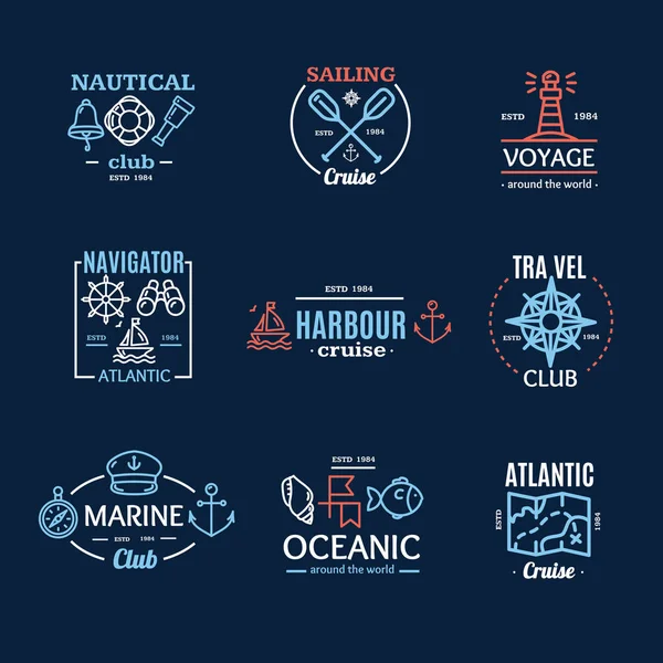Морські емблеми Знак або Етикетки Лінія Мистецький набір. Векторні — стоковий вектор