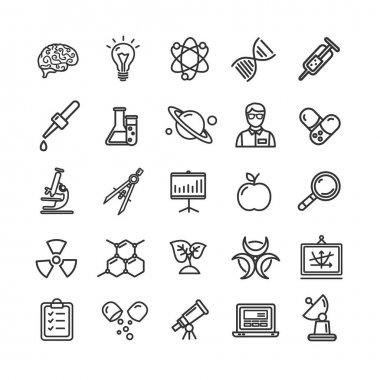 Bilim araştırma ince çizgi Icon Set mikroskop, Büyüteç, ampul fikir gibi.