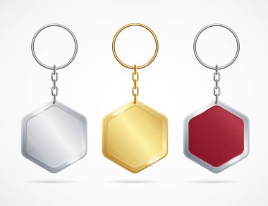 Gerçekçi Metal ve plastik Anahtarlık Set Rhombus. Vektör