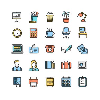 Sembol Office iş renk ince çizgi Icon Set. Vektör