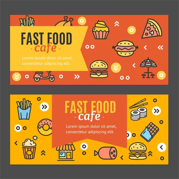 Fast-Food en straatvoedsel Flyer Banner Posters Kaartenset. Vector — Stockvector