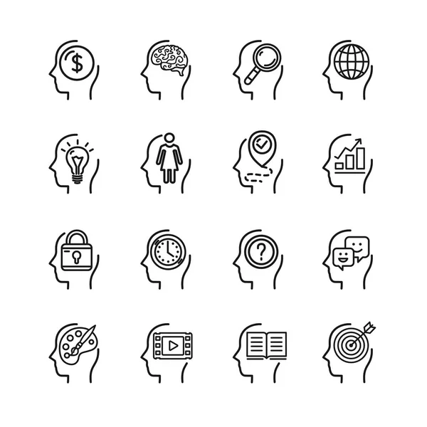 Símbolo Mente humana Conjunto de iconos de línea delgada negra. Vector — Vector de stock