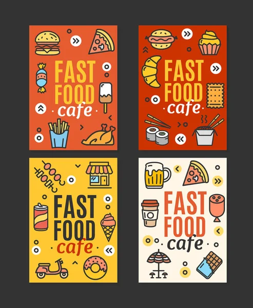 Fast-Food en straatvoedsel Flyer Banner Posters Kaartenset. Vector — Stockvector