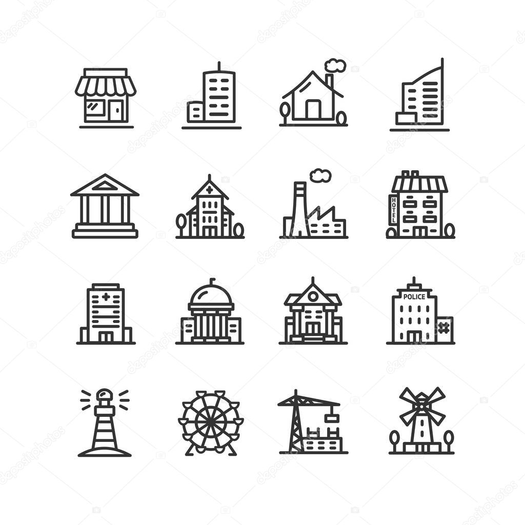 Building House or Home Black Thin Line Icon Set. Vector