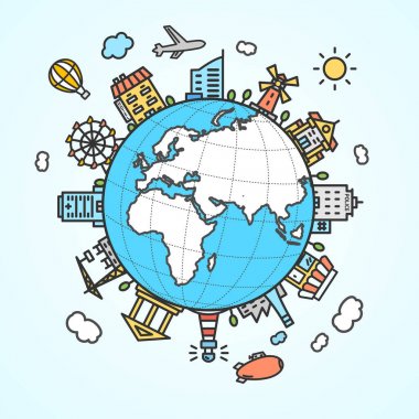 Küre ve binanın çevresinde. Vektör