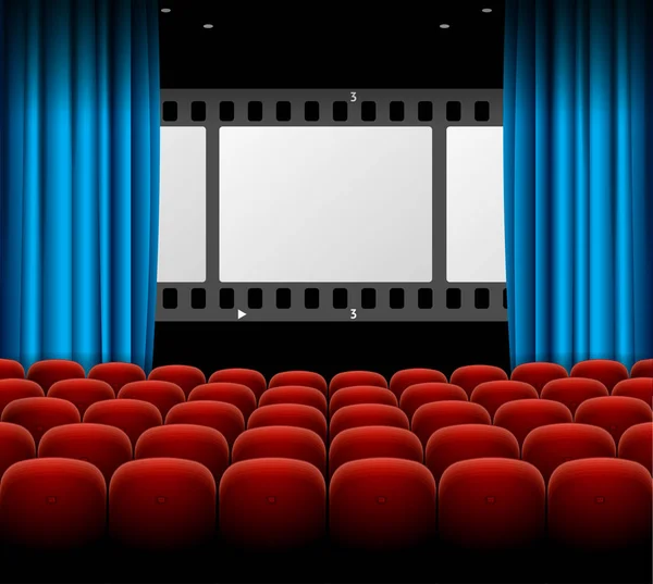 Cinema Movie Retro Concept con Seats Rows, Film Stripe e Tende. Vettore — Vettoriale Stock
