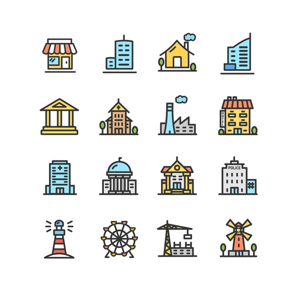 Casa de construcción o conjunto de iconos de línea delgada de color de casa. Vector — Vector de stock