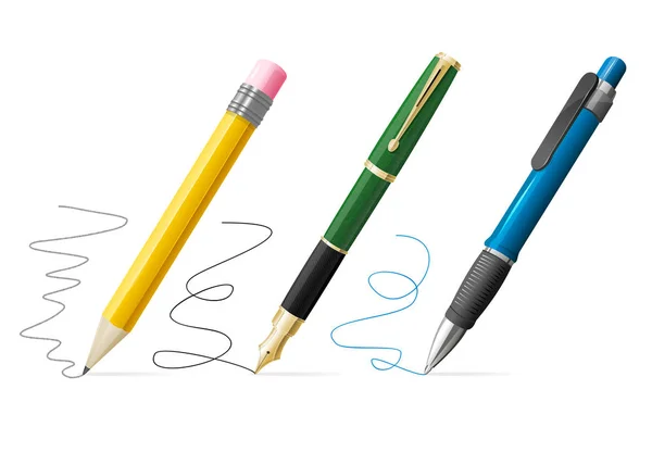 逼真的 3d 钢笔和铅笔编写组。矢量 — 图库矢量图片