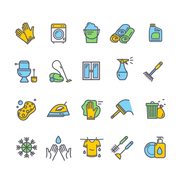 Ev ve temizlik araçları renkli ince çizgi simgesi ayarla. Vektör