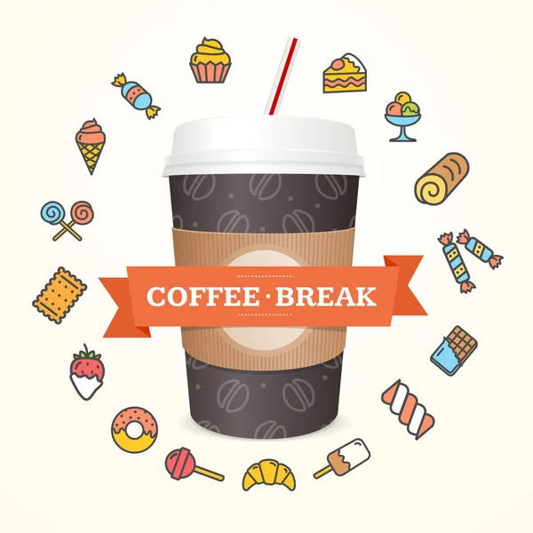 Realista 3d copo de papel Coffee Break Concept. Vetor — Vetor de Stock