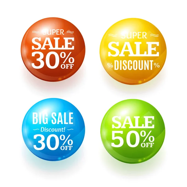 Realistic 3d Sale Discount Color Circle Button Badge Pin Set. Vector — Stock Vector
