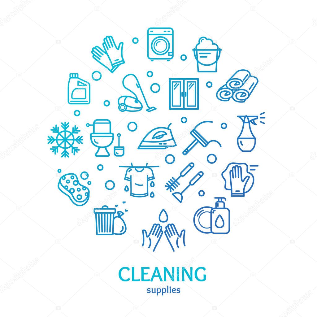 Household and Cleaning Tools Color Round Design Template Line Icon Concept. Vector