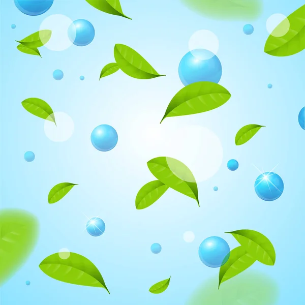 Reális kék gömb vagy buborék elemek és légy zöld levelek háttér. Vektor — Stock Vector