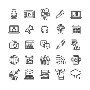 Blogging siyah ince çizgi Icon Set. Vektör