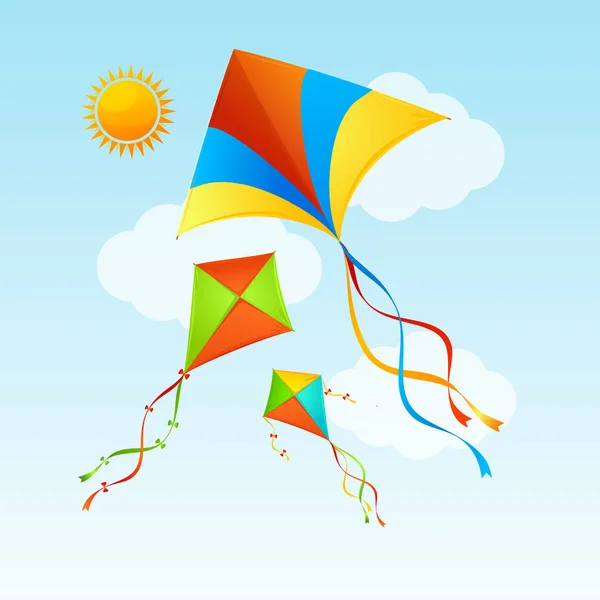 Vliegende Kite en wolken op een blauwe hemel zomer Concept achtergrond. Vector — Stockvector