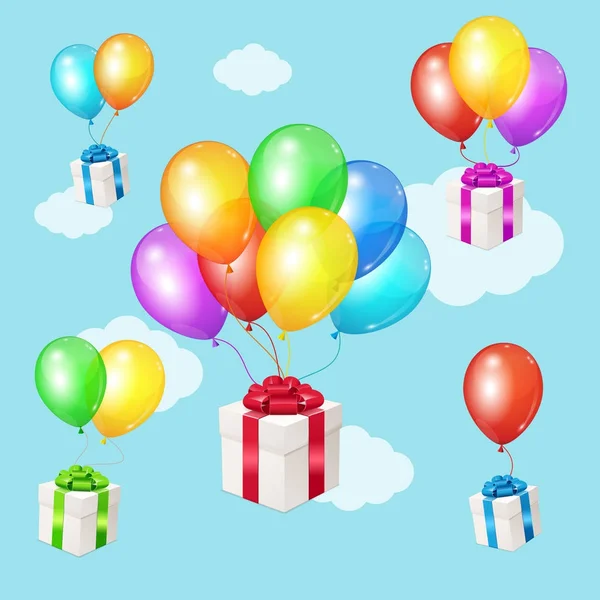 Realistic 3d Detailed Color Balloons and Present Boxes on Blue Sky Background . Vector — Stock Vector