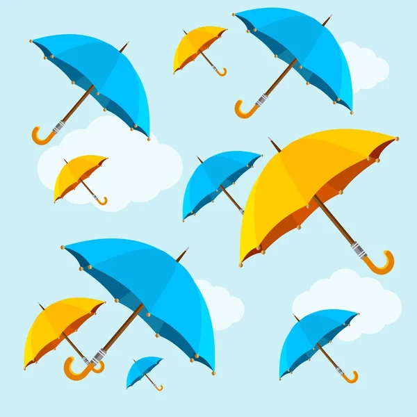 Parasols vallen op blauwe hemel achtergrond plat designstijl. Vector — Stockvector