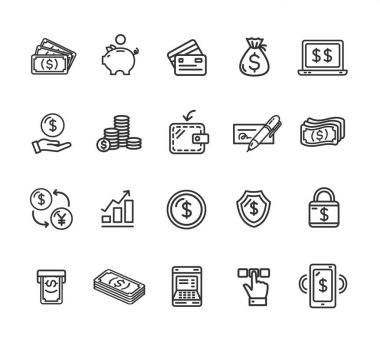 Para Finans sembol ve işaretleri siyah ince çizgi Icon Set. Vektör