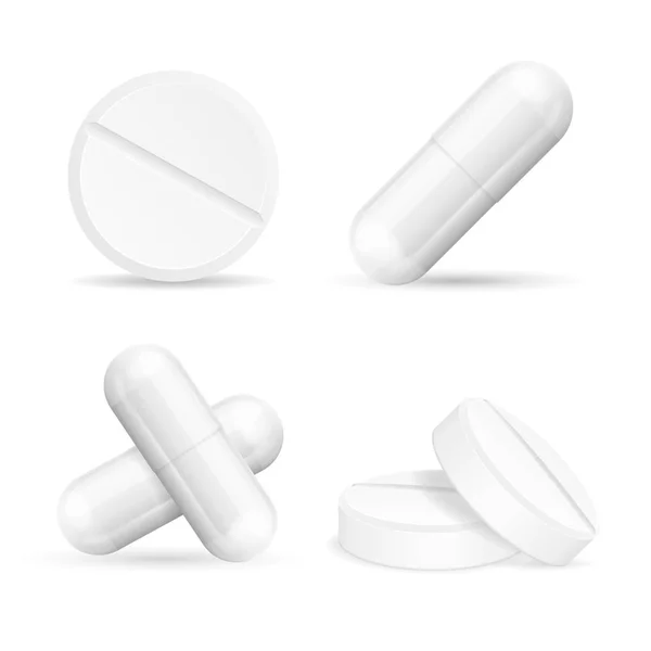 Realista detallado 3d Médico diferentes tabletas y píldoras conjunto. Vector — Archivo Imágenes Vectoriales