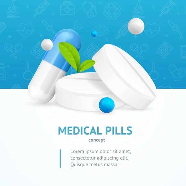 Realista detalhou 3d pílulas médicas cartão de conceito. Vetor — Vetor de Stock