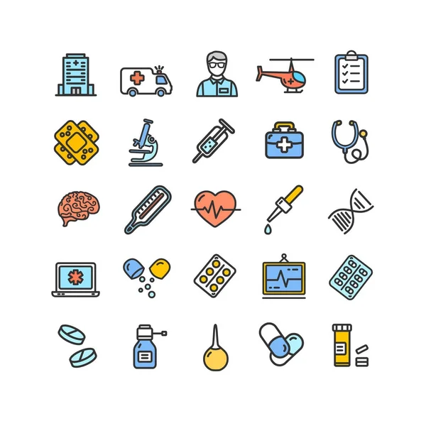 Símbolos e sinais de medicina Color Thin Line Icon Set. Vetor —  Vetores de Stock