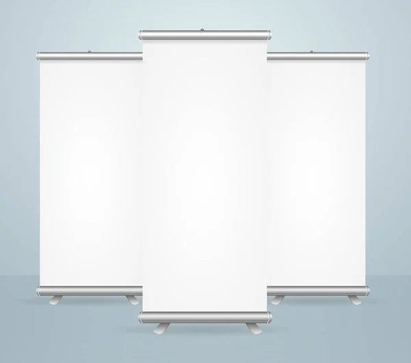 逼真详细的3d 模板空白的白色上卷横幅站模拟设置。矢量 — 图库矢量图片