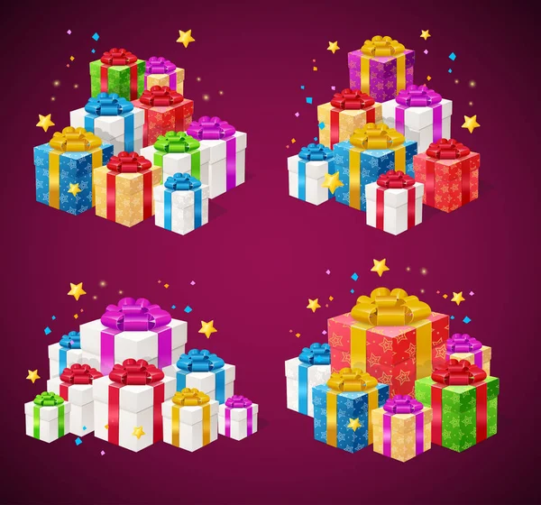 Realista 3d detalladas cajas de regalo conjunto de pilas. Vector — Archivo Imágenes Vectoriales