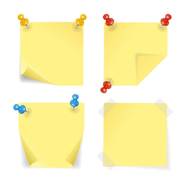Ensemble de broches de couleur détaillées 3D réalistes et de papiers jaunes. Vecteur — Image vectorielle