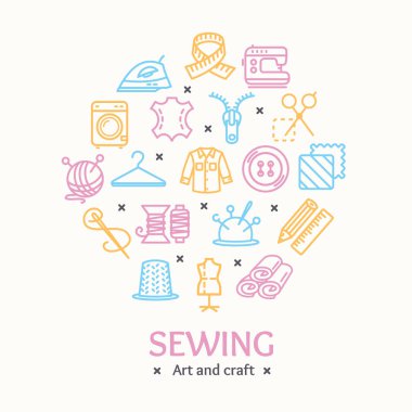 Dikiş ve iğne işi araçları renk tasarım şablonu satırı simgesi konsepti yuvarlak. Vektör