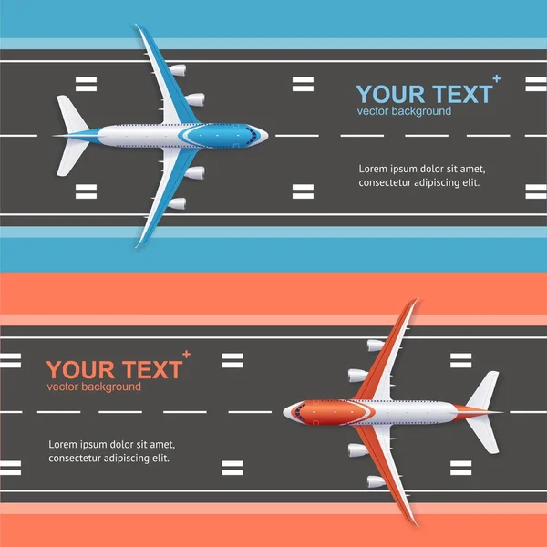 Vliegveld vliegtuig Runway reizen Concept Flyer Banners Posters Kaartenset. Vector — Stockvector