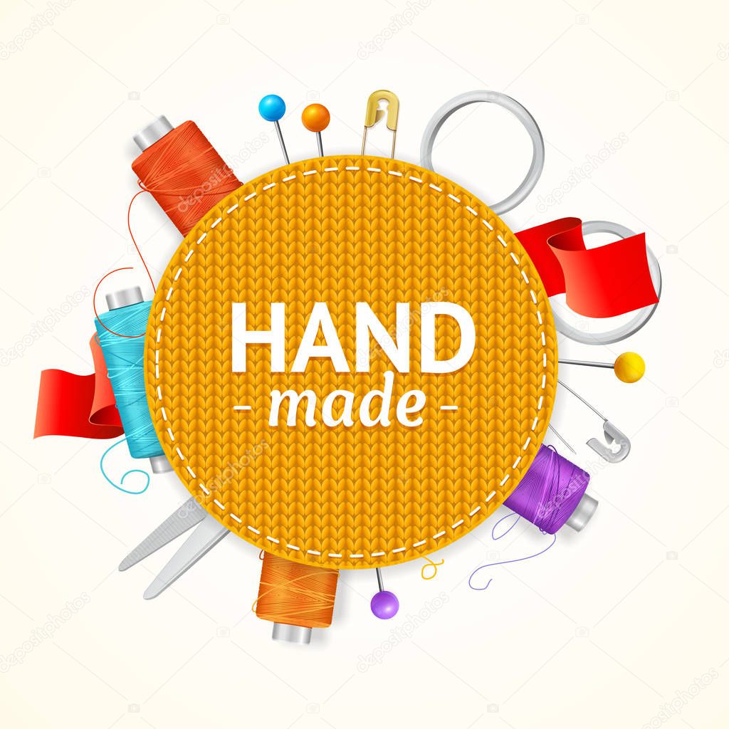 Realistic 3d Hand Made Knitted Concept. Vector