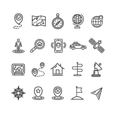 Konumu ve gezinti işaretleri siyah ince çizgi Icon Set. Vektör