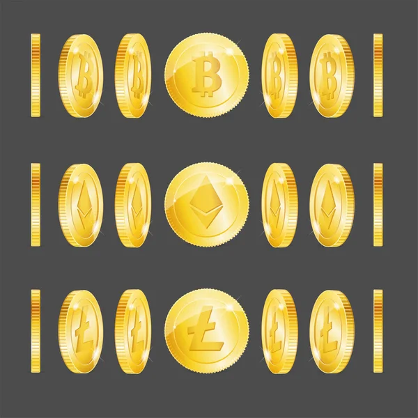 Realistic 3d Detailed Bitcoin Lightcoin Etherium Set. Vector — Stock Vector