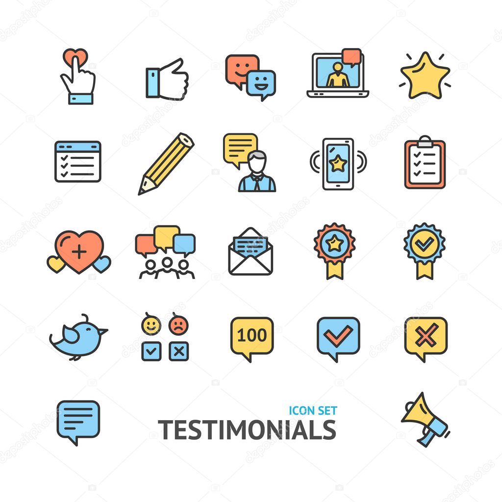 Testimonial, Feedback and Review Signs Color Thin Line Icon Set. Vector