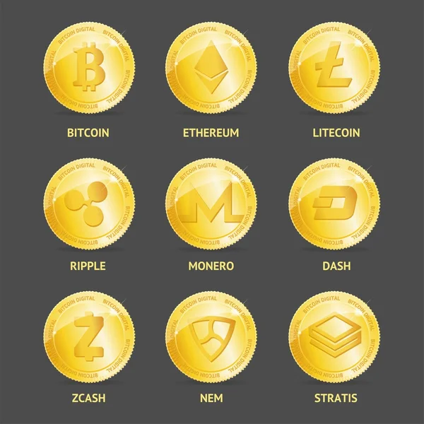 Realistyczne 3d zestaw szczegółowych Crypto monety. Wektor — Wektor stockowy