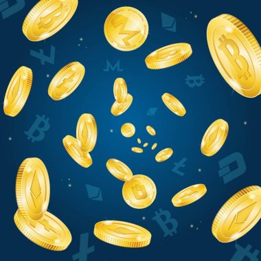 Gerçekçi 3d detaylı Bitcoin para birimi düşen arka plan. Vektör