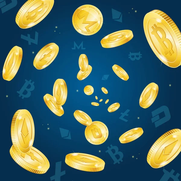Realistic 3d Detailed Bitcoin Currency Falling Background. Vector — Stock Vector
